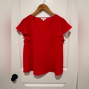 Mine Red Ruffle Sleeve Blouse. Scalloped V Neck. NWOT.